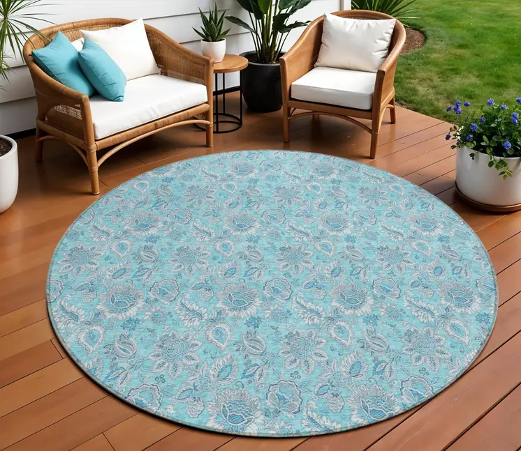 8' Aqua Blue And Silver Round Floral Washable Indoor Outdoor Area Rug
