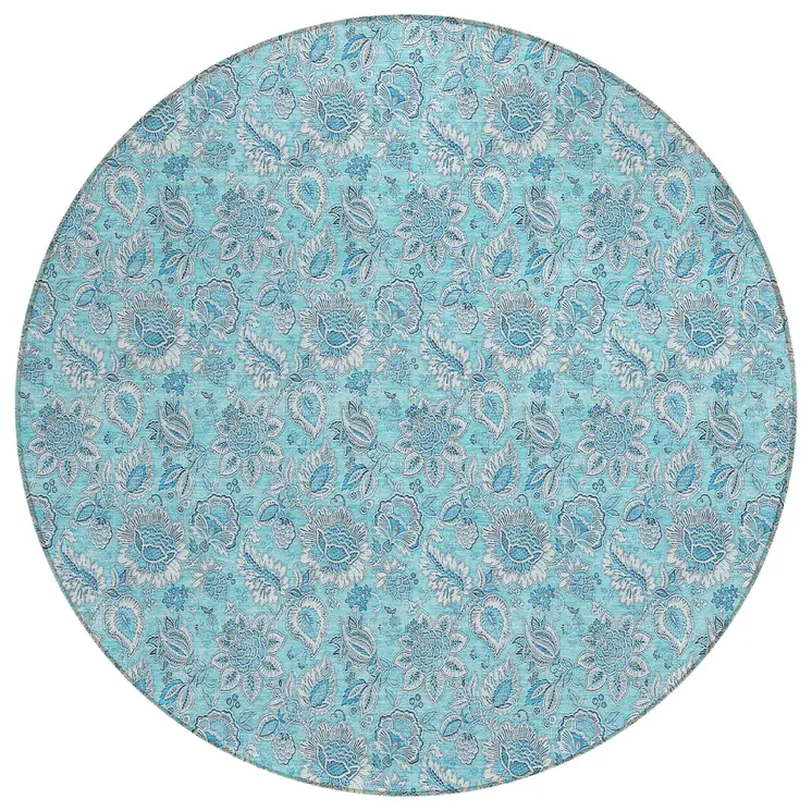 8' Aqua Blue And Silver Round Floral Washable Indoor Outdoor Area Rug