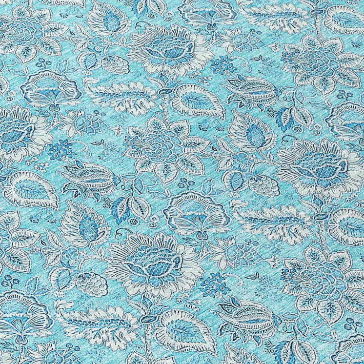 8' Aqua Blue And Silver Round Floral Washable Indoor Outdoor Area Rug