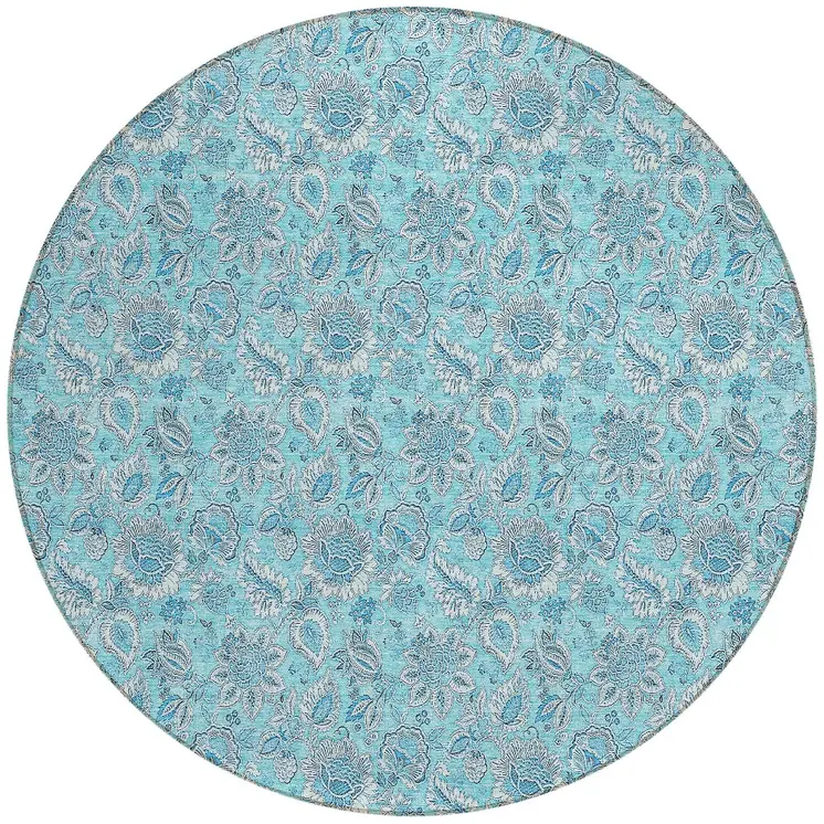 8' Aqua Blue And Silver Round Floral Washable Indoor Outdoor Area Rug