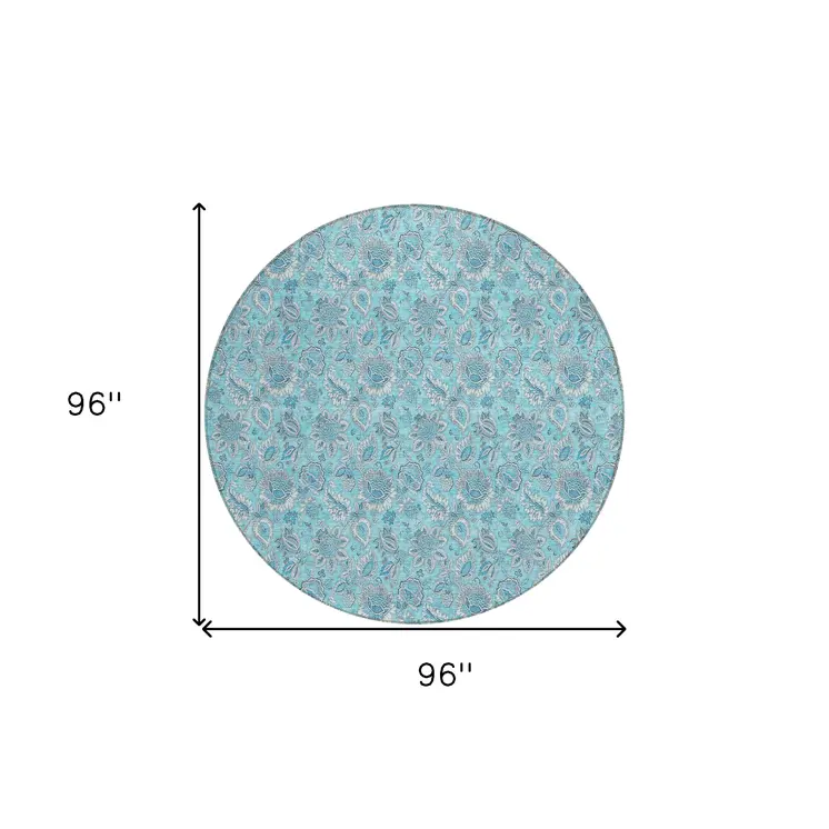 8' Aqua Blue And Silver Round Floral Washable Indoor Outdoor Area Rug