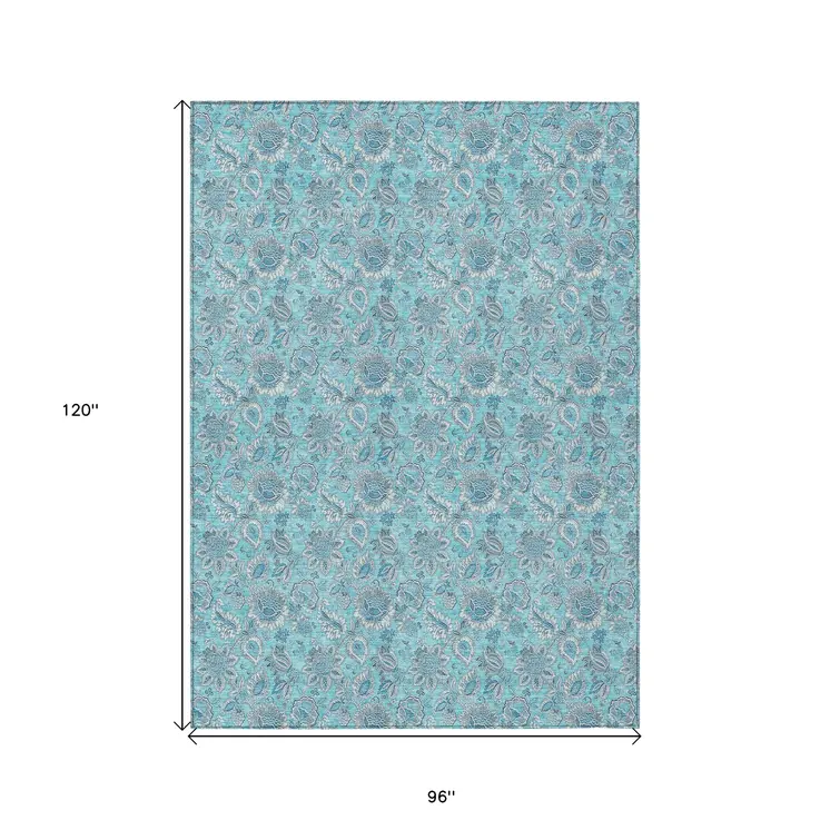 8' X 10' Aqua Blue And Silver Floral Washable Indoor Outdoor Area Rug