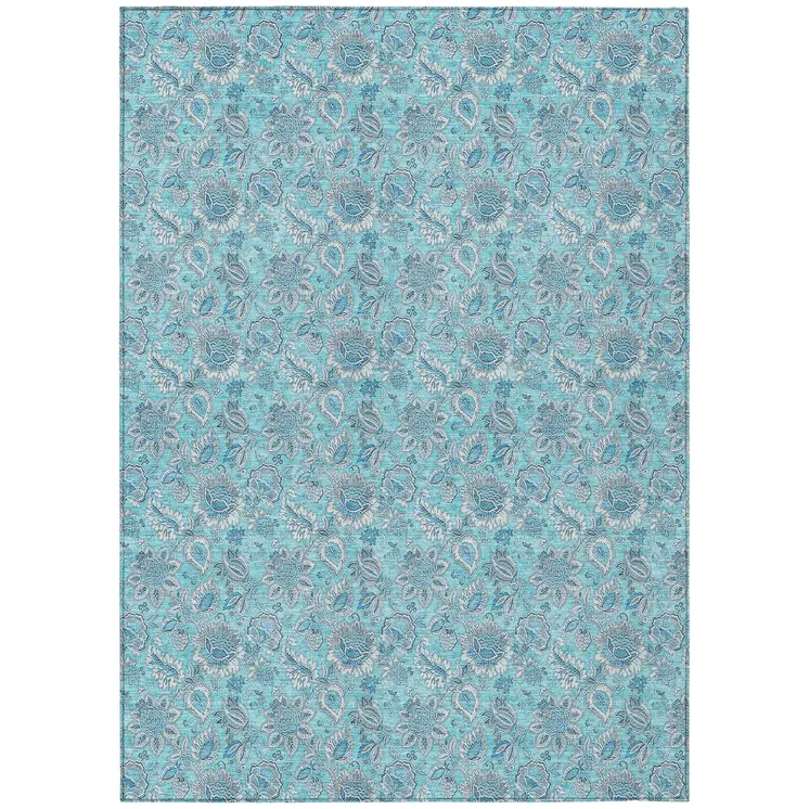 8' X 10' Aqua Blue And Silver Floral Washable Indoor Outdoor Area Rug