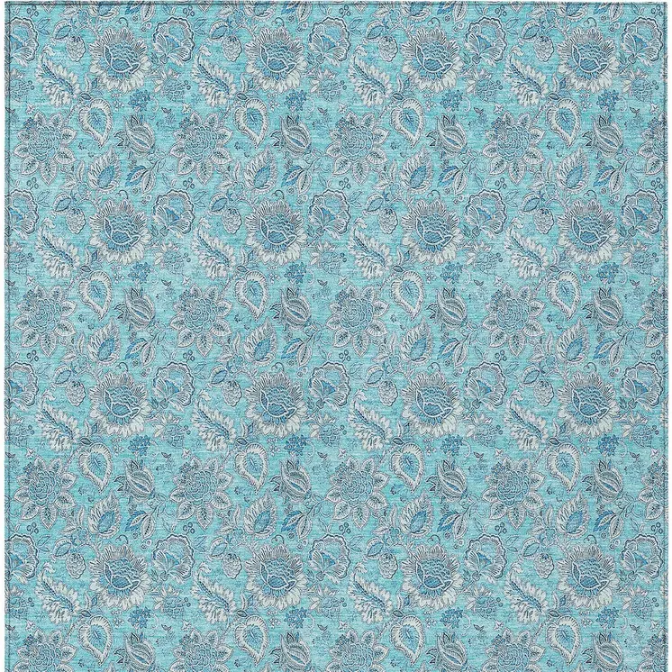 8' X 10' Aqua Blue And Silver Floral Washable Indoor Outdoor Area Rug