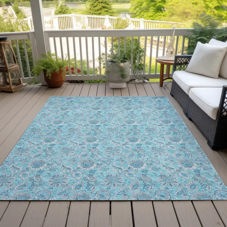 9' X 12' Aqua Blue And Silver Floral Washable Indoor Outdoor Area Rug
