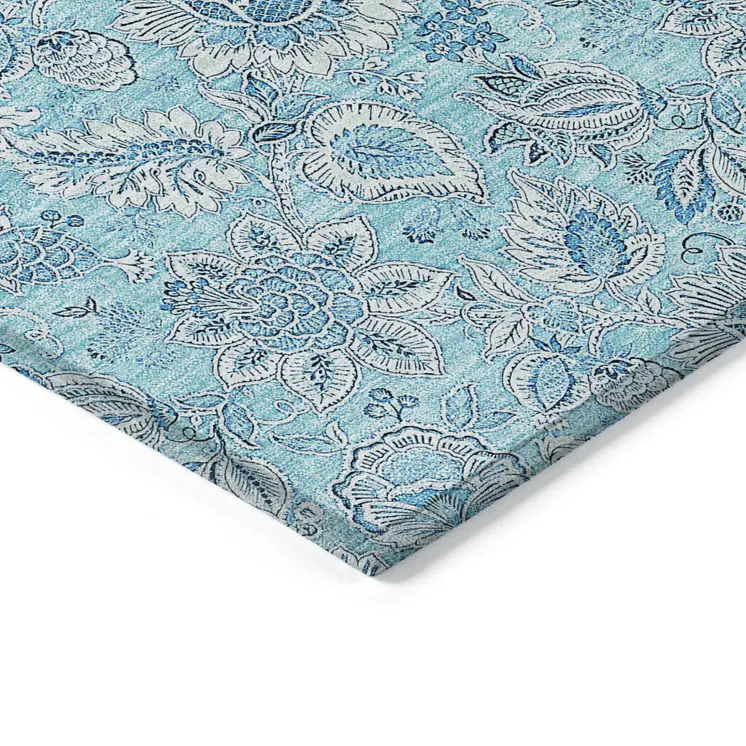 9' X 12' Aqua Blue And Silver Floral Washable Indoor Outdoor Area Rug