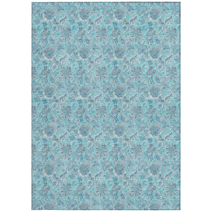 9' X 12' Aqua Blue And Silver Floral Washable Indoor Outdoor Area Rug