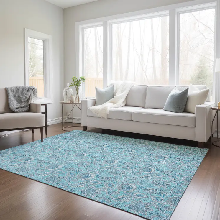 9' X 12' Aqua Blue And Silver Floral Washable Indoor Outdoor Area Rug