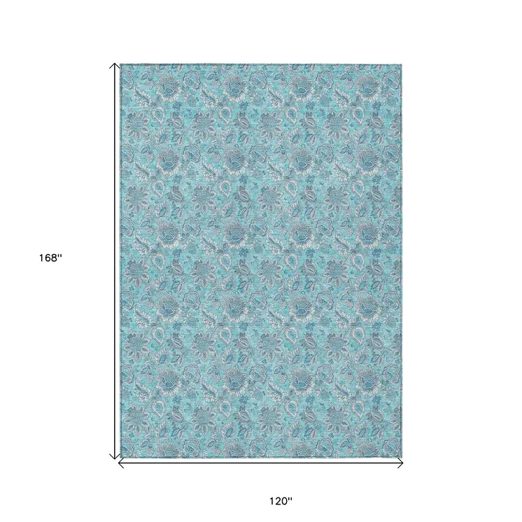 10' X 14' Aqua Blue And Silver Floral Washable Indoor Outdoor Area Rug