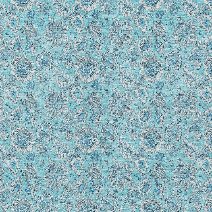 10' X 14' Aqua Blue And Silver Floral Washable Indoor Outdoor Area Rug