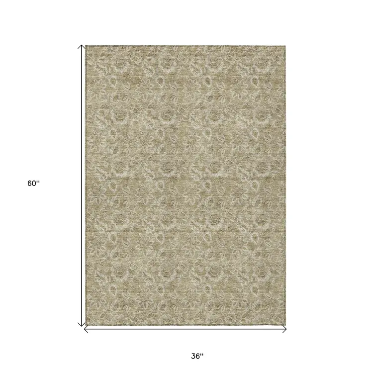 3' X 5' Beige Taupe And Brown Floral Washable Indoor Outdoor Area Rug
