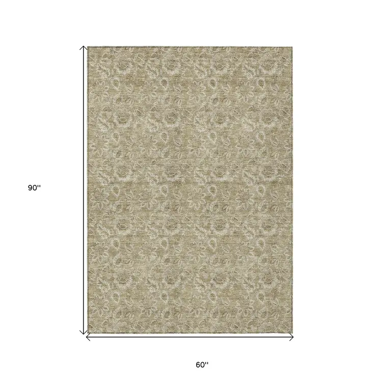 5' X 8' Beige Taupe And Brown Floral Washable Indoor Outdoor Area Rug