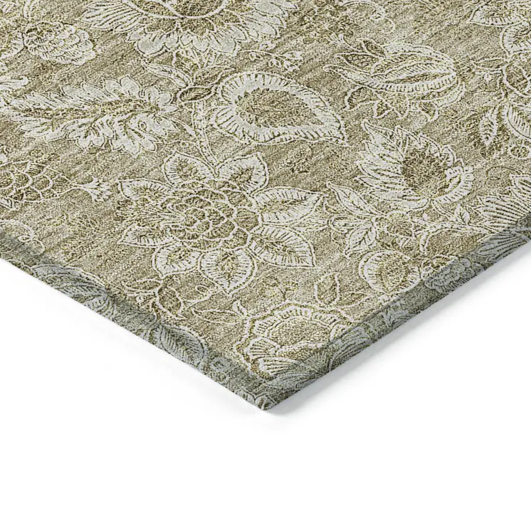 5' X 8' Beige Taupe And Brown Floral Washable Indoor Outdoor Area Rug