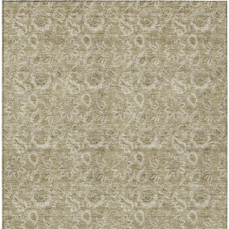 9' X 12' Beige Taupe And Brown Floral Washable Indoor Outdoor Area Rug
