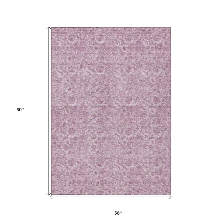 3' X 5' Blush Mauve And Pink Floral Washable Indoor Outdoor Area Rug