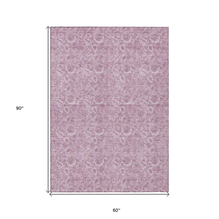 5' X 8' Blush Mauve And Pink Floral Washable Indoor Outdoor Area Rug