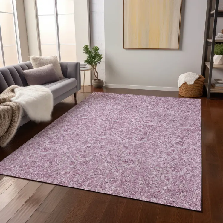 5' X 8' Blush Mauve And Pink Floral Washable Indoor Outdoor Area Rug
