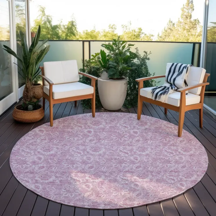 8' Blush Mauve And Pink Round Floral Washable Indoor Outdoor Area Rug