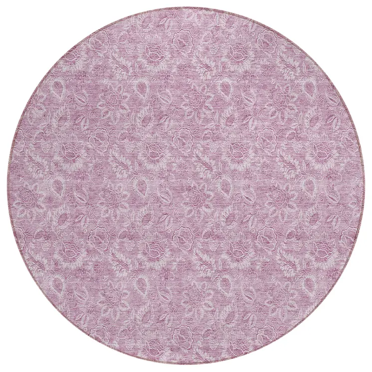 8' Blush Mauve And Pink Round Floral Washable Indoor Outdoor Area Rug