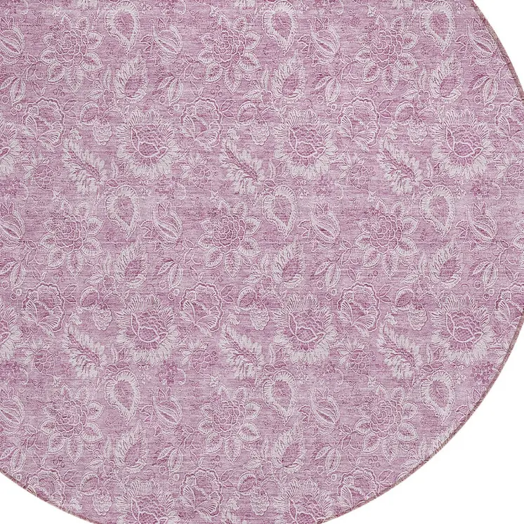 8' Blush Mauve And Pink Round Floral Washable Indoor Outdoor Area Rug