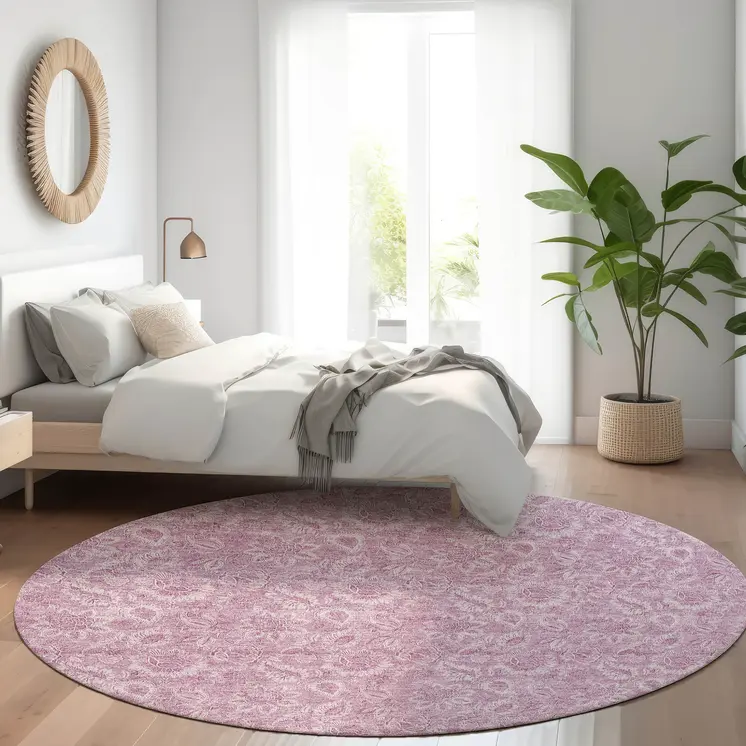 8' Blush Mauve And Pink Round Floral Washable Indoor Outdoor Area Rug