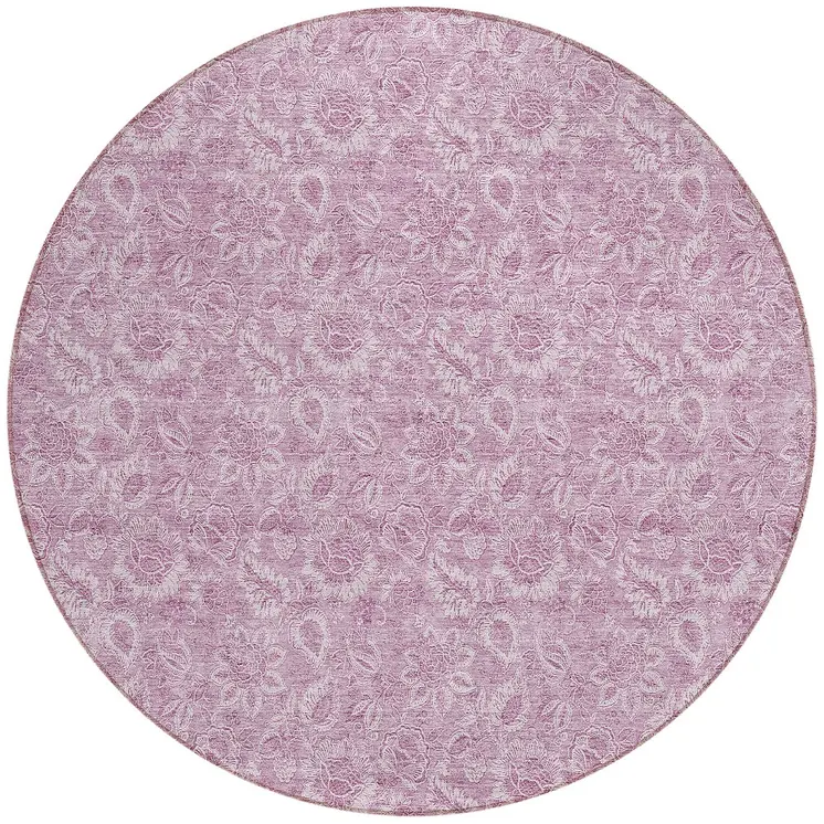 8' Blush Mauve And Pink Round Floral Washable Indoor Outdoor Area Rug