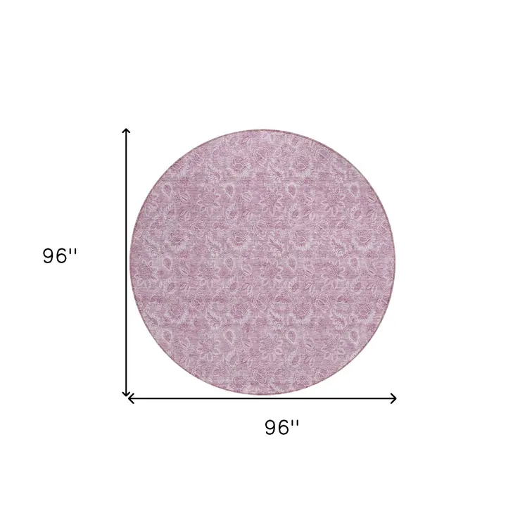 8' Blush Mauve And Pink Round Floral Washable Indoor Outdoor Area Rug