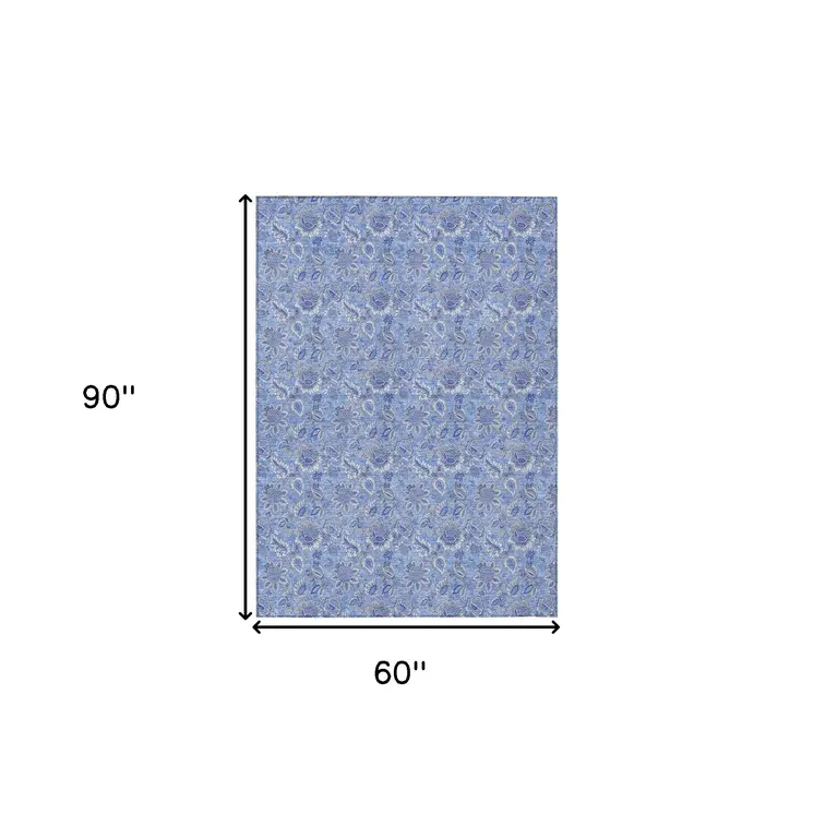 5' X 8' Navy Blue And Denim Blue Floral Washable Indoor Outdoor Area Rug