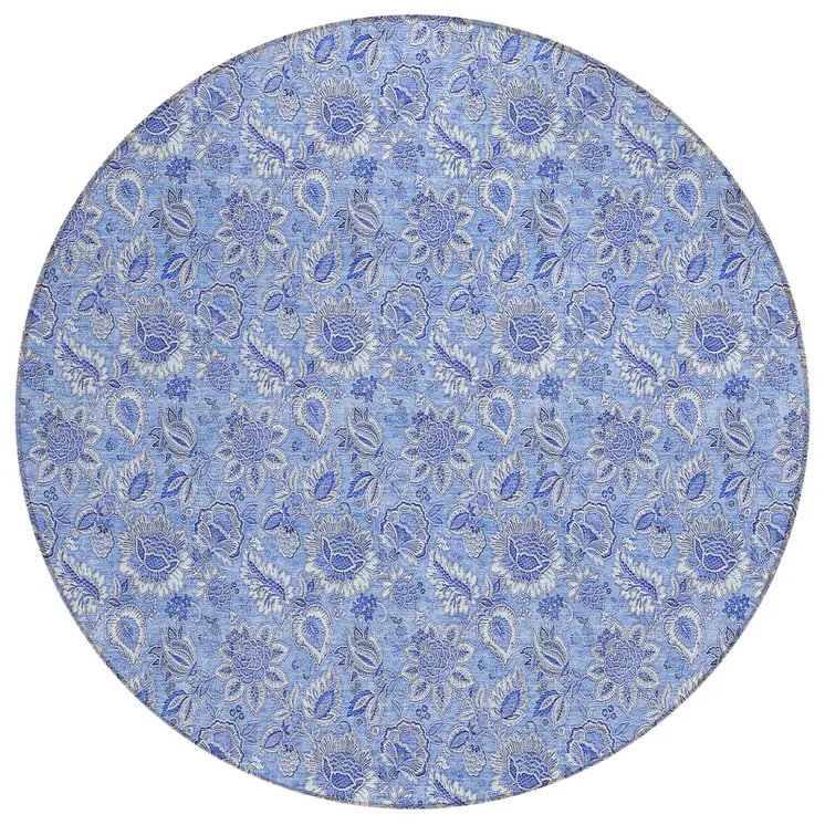 8' Navy Blue And Denim Blue Round Floral Washable Indoor Outdoor Area Rug