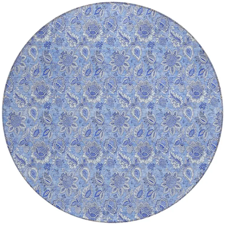 8' Navy Blue And Denim Blue Round Floral Washable Indoor Outdoor Area Rug