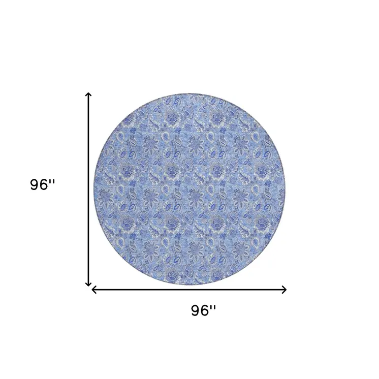 8' Navy Blue And Denim Blue Round Floral Washable Indoor Outdoor Area Rug