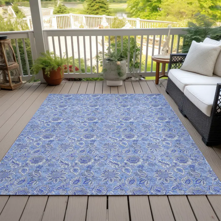 8' X 10' Navy Blue And Denim Blue Floral Washable Indoor Outdoor Area Rug