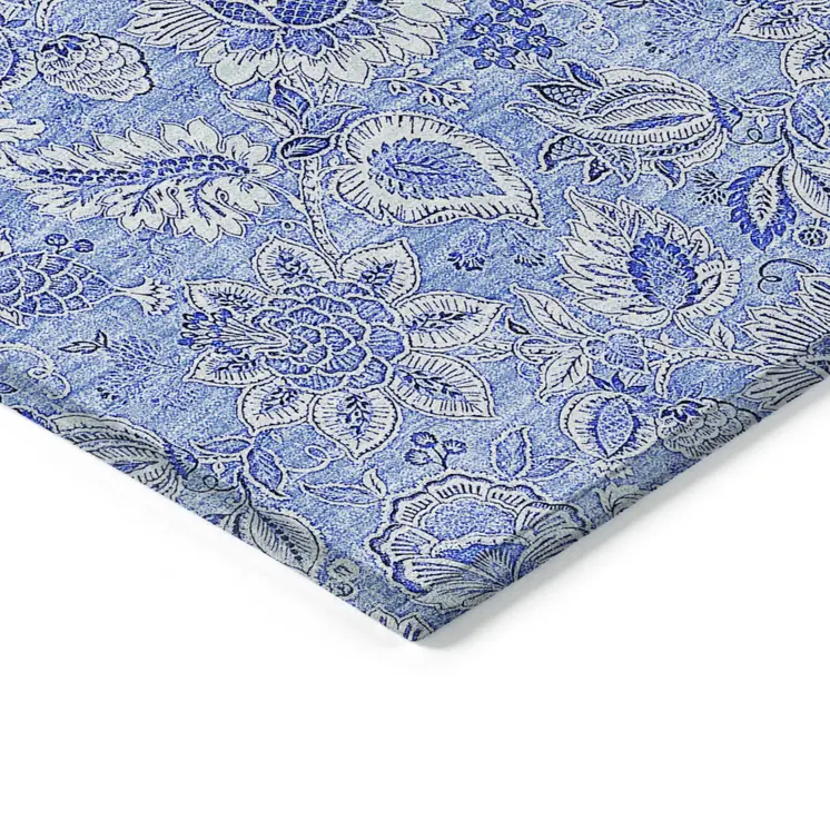 8' X 10' Navy Blue And Denim Blue Floral Washable Indoor Outdoor Area Rug