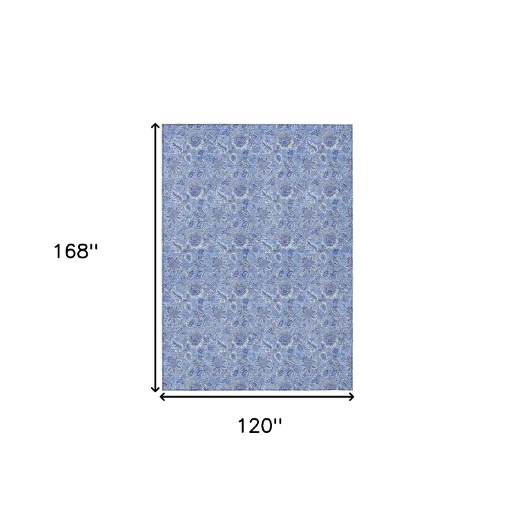 10' X 14' Navy Blue And Denim Blue Floral Washable Indoor Outdoor Area Rug