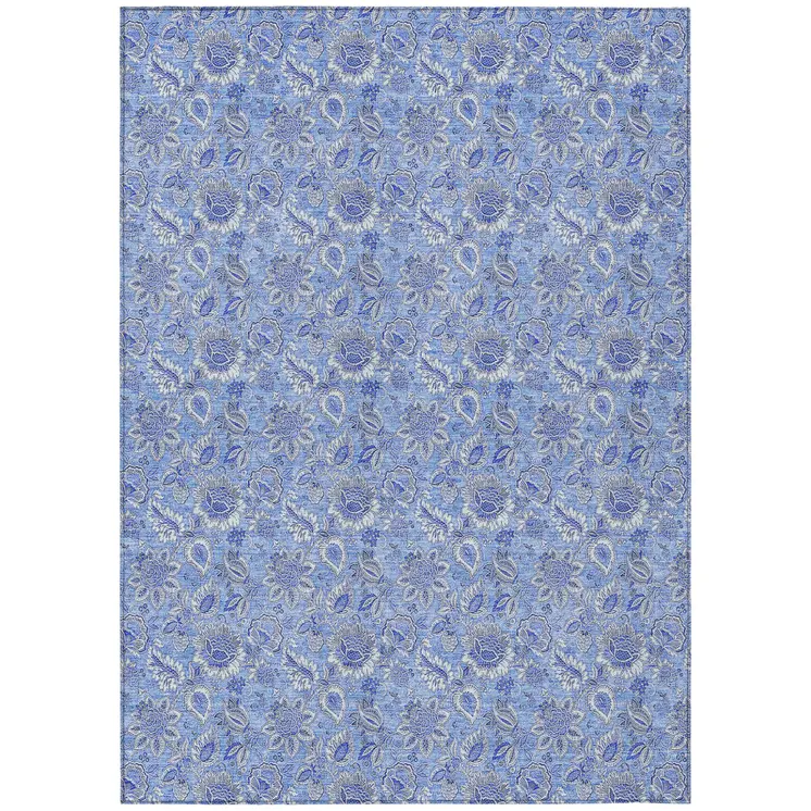 10' X 14' Navy Blue And Denim Blue Floral Washable Indoor Outdoor Area Rug