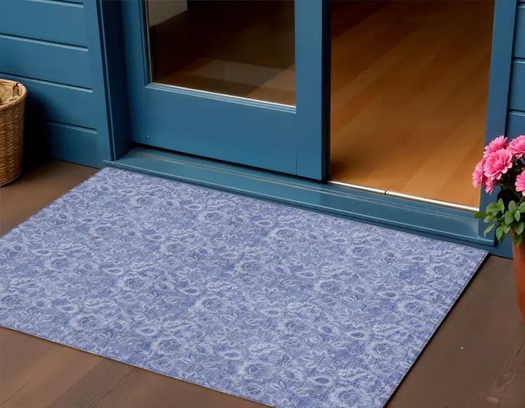 3' X 5' Denim Blue And Navy Blue Floral Washable Indoor Outdoor Area Rug