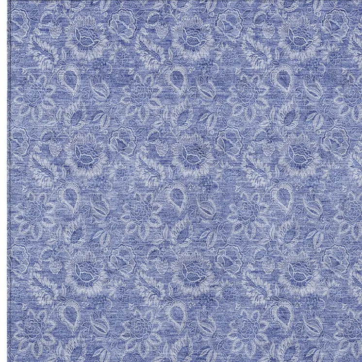 3' X 5' Denim Blue And Navy Blue Floral Washable Indoor Outdoor Area Rug