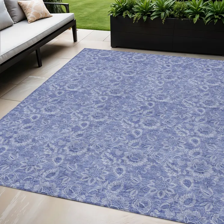 5' X 8' Denim Blue And Navy Blue Floral Washable Indoor Outdoor Area Rug