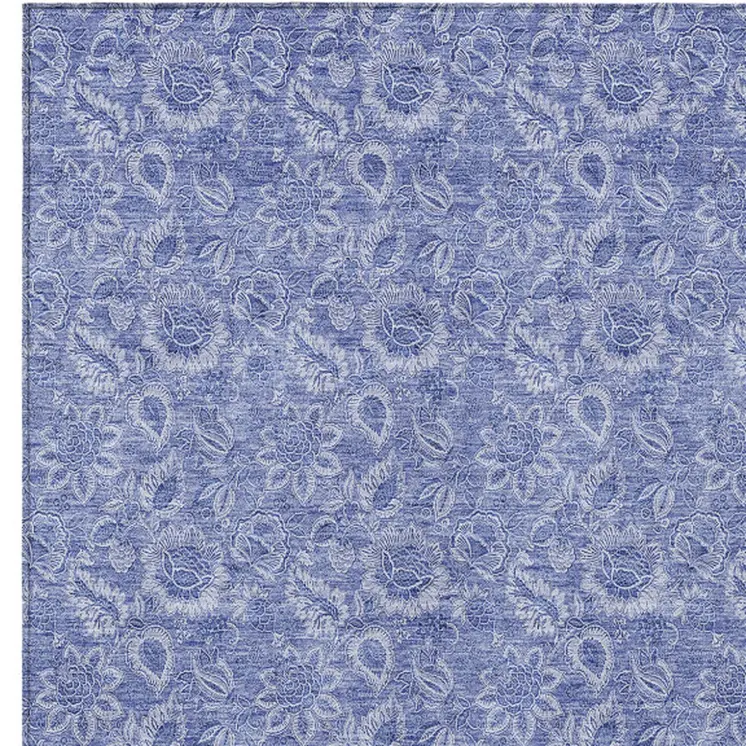 5' X 8' Denim Blue And Navy Blue Floral Washable Indoor Outdoor Area Rug