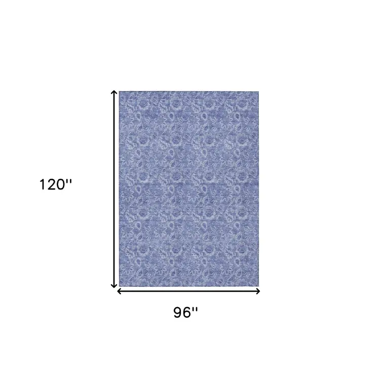 8' X 10' Denim Blue And Navy Blue Floral Washable Indoor Outdoor Area Rug