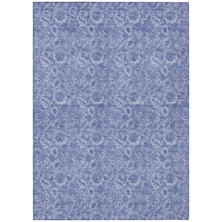 8' X 10' Denim Blue And Navy Blue Floral Washable Indoor Outdoor Area Rug