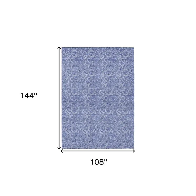 9' X 12' Denim Blue And Navy Blue Floral Washable Indoor Outdoor Area Rug