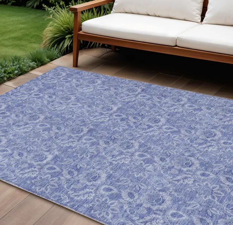9' X 12' Denim Blue And Navy Blue Floral Washable Indoor Outdoor Area Rug
