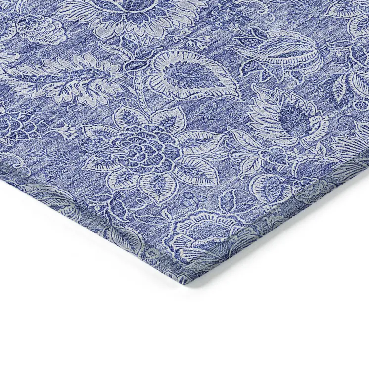 9' X 12' Denim Blue And Navy Blue Floral Washable Indoor Outdoor Area Rug