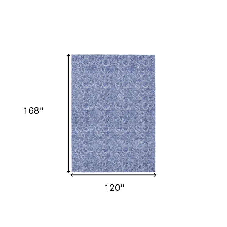 10' X 14' Denim Blue And Navy Blue Floral Washable Indoor Outdoor Area Rug