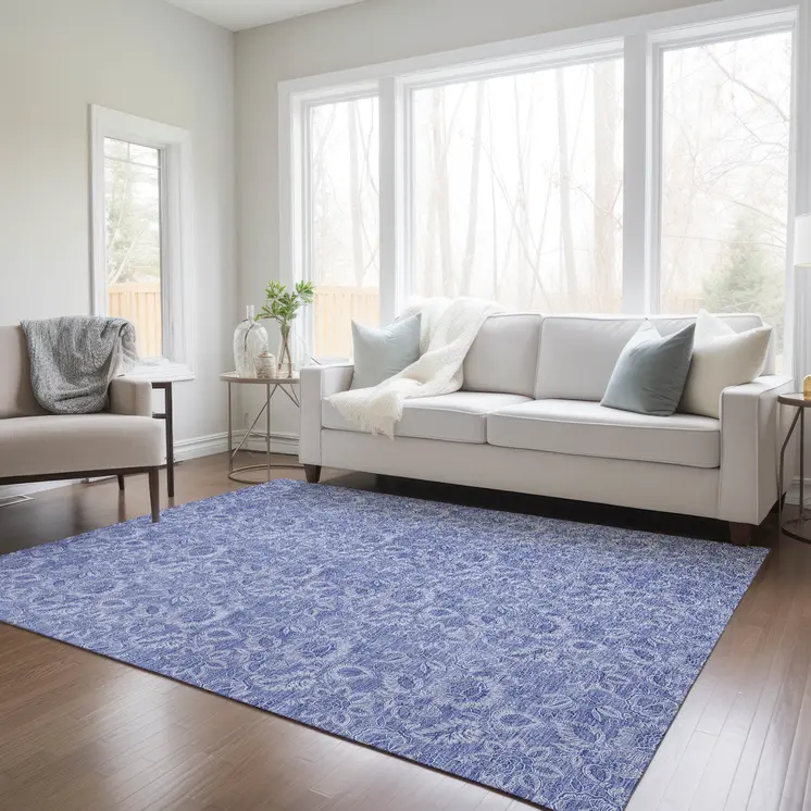 10' X 14' Denim Blue And Navy Blue Floral Washable Indoor Outdoor Area Rug