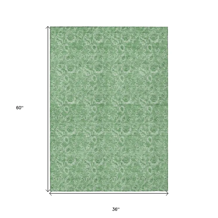 3' X 5' Green And Artichoke Green Floral Washable Indoor Outdoor Area Rug