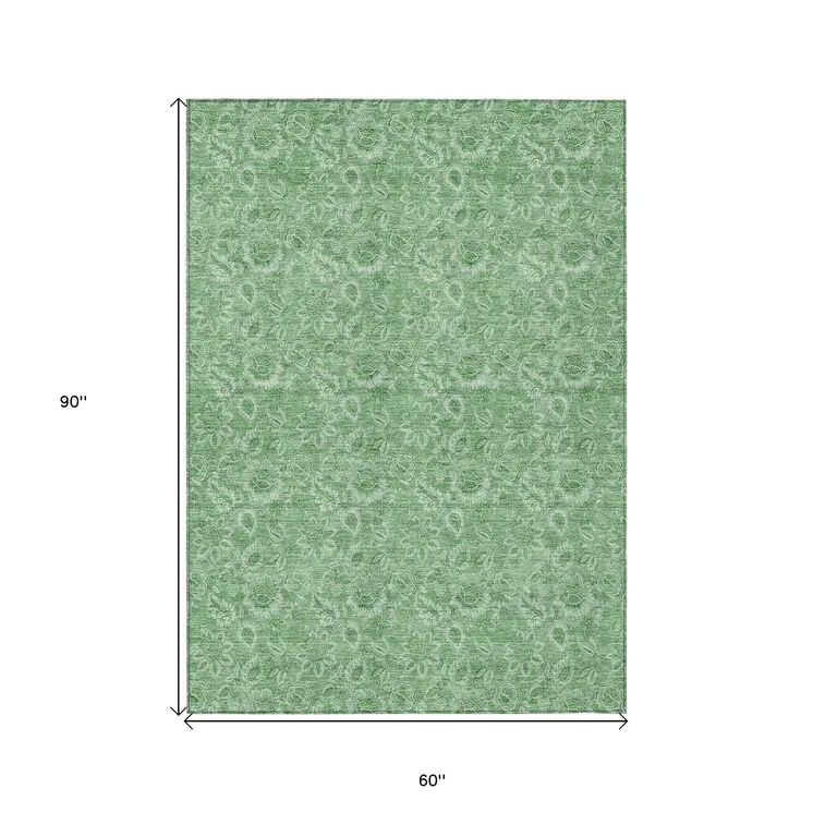 5' X 8' Green And Artichoke Green Floral Washable Indoor Outdoor Area Rug