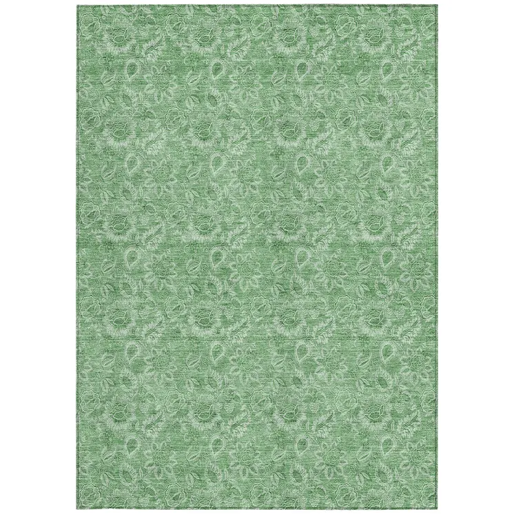 5' X 8' Green And Artichoke Green Floral Washable Indoor Outdoor Area Rug