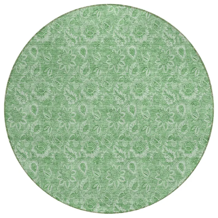 8' Green And Artichoke Green Round Floral Washable Indoor Outdoor Area Rug